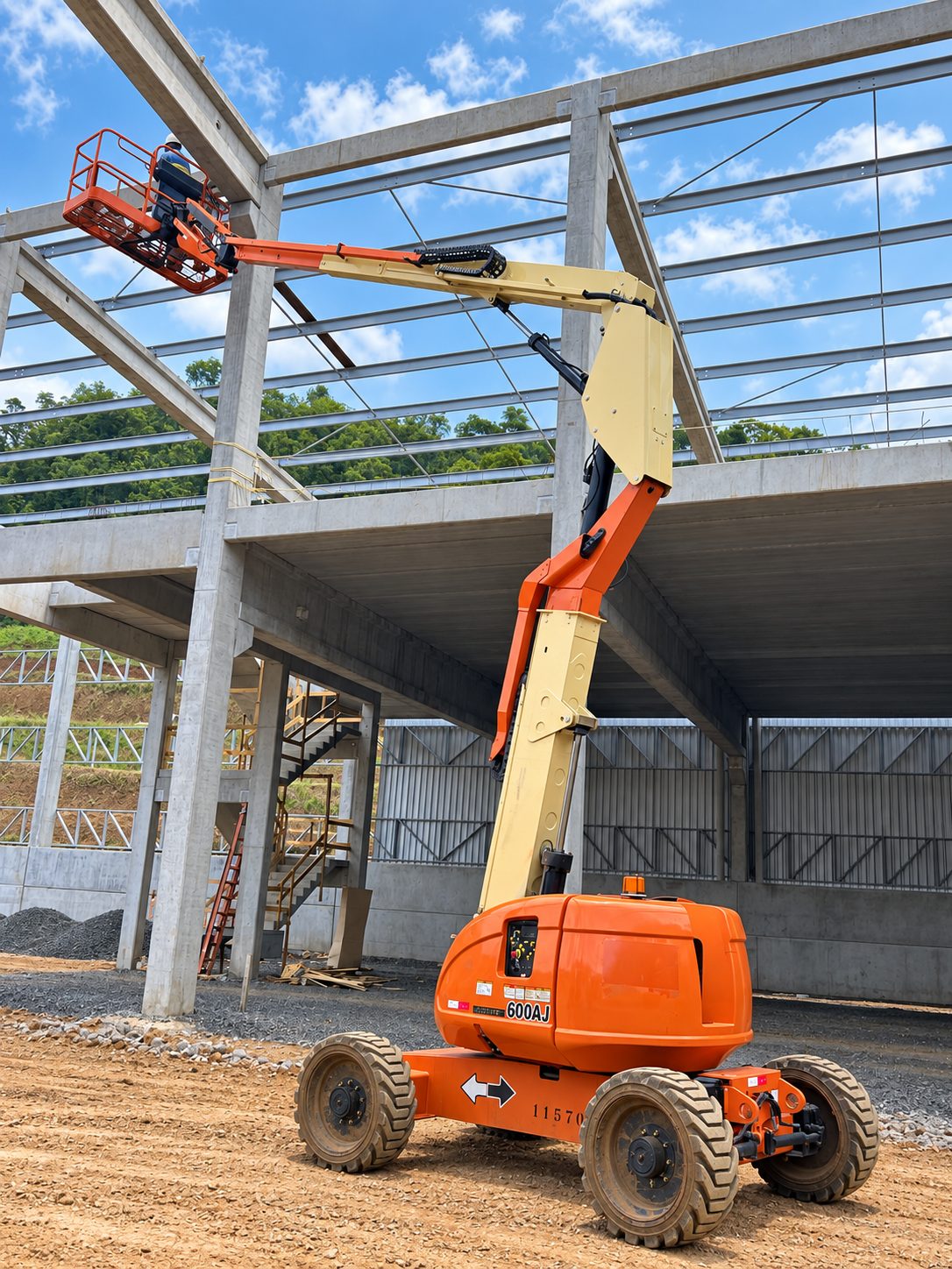 JLG 600AJ da rh Locações com operador na montagem de um galpão pré-moldado
